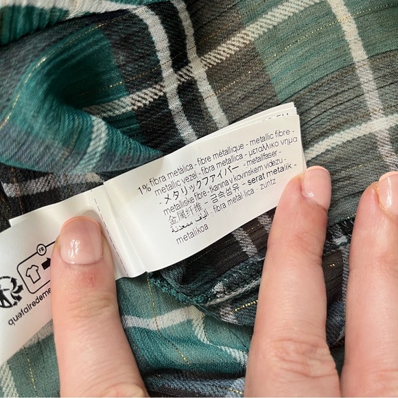 New Zara Sheer Metallic Threaded Green Plaid Cropped Blouse - Size L - Picture 13 of 15